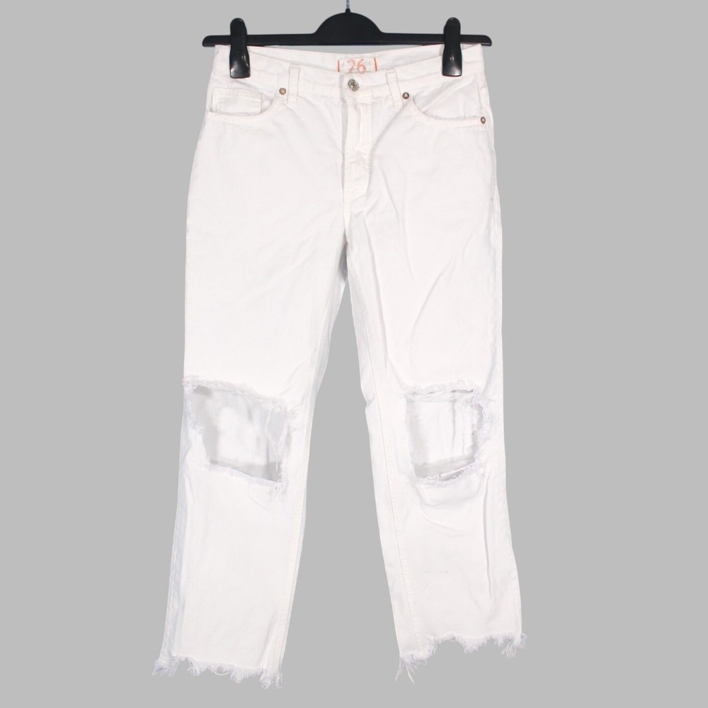FREE PEOPLE White Denim MAGGIE Mid-Rise DESTROYED Frayed Hem BUTTON-FLY JEANS 26
